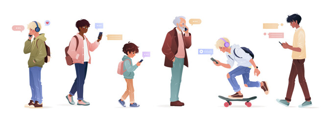 Diverse men of different ages and ethnicities using smartphone, surfing internet, chatting. Male characters, young adults and elderly man holding gadgets. isolates vector illustrations on white.