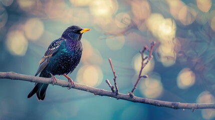 Fototapeta premium Purple Starling Perched on Branch Against Sky