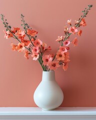 A beautiful still life image of a vase of orange freesias against a coral background. The image is simple and elegant, and would make a great addition to any home or office.