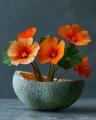 Still life photography of orange nasturtium flowers in a green gourd. The image has a dark background and soft lighting.
