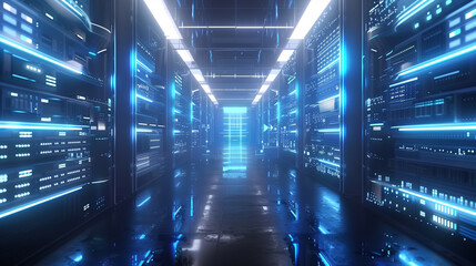 A futuristic computer room with blue lights and a large window