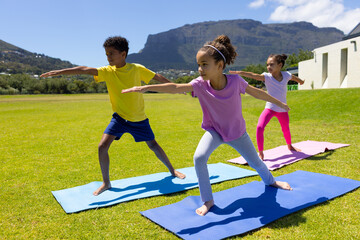 Biracial children practice yoga outdoors on a sunny day