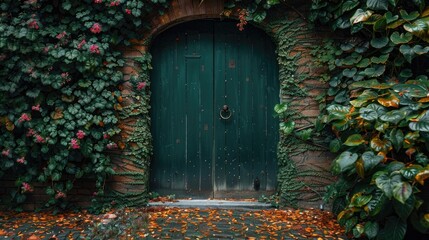 A green wooden door surrounded by ivy and flowers, leading to an old brick garden with autumn leaves on the ground. - Powered by Adobe