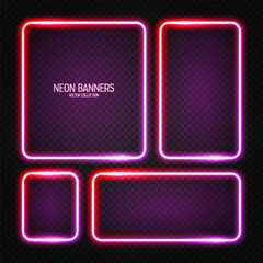 Glowing neon banners, illuminated colorful square frames. Shiny vibrant border, glow effect. Red vintage retro lights, night illumination. Modern futuristic UI design elements. Vector illustration