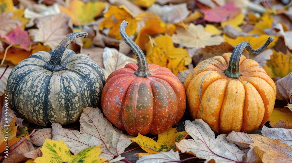 Sticker 3 impressive pumpkins during the autumn foliage