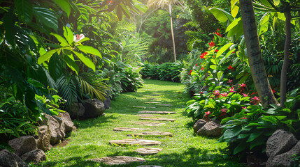 Naklejka premium A beautiful image of a lush, green garden path surrounded by vibrant foliage and colorful flowers. The sun filters gently through the leaves, creating a serene and inviting atmosphere. 
