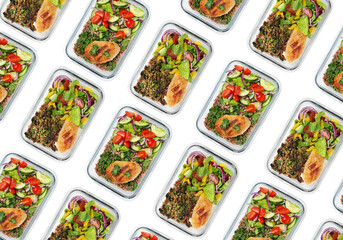 Different delicious meals in containers on white background, top view. Healthy diet