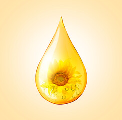 Cooking oil drop with sunflower inside on beige background
