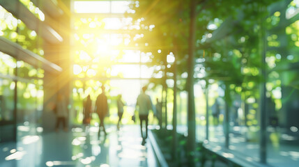 Blurred background of people walking in a modern office building with green trees and sunlight , eco friendly and ecological responsible business concept image with copy space