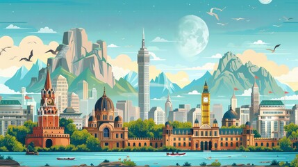 Obraz premium Historical Landmarks: Illustrate historical landmarks with detailed architecture, scenic surroundings
