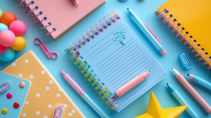 Illustrate a flat lay of a backtoschool planner with stickers and pens