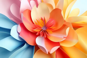 vibrant paper flower blooming with radiant colors on white background abstract 3d illustration