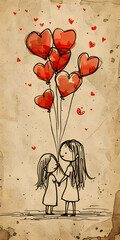 Illustration of two girls with heartshaped balloon flowers