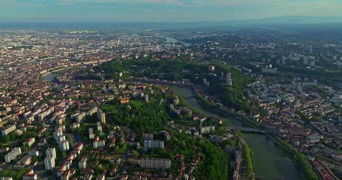 Aerial view of suburb of the French city of Lyon view of the river. France 