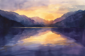 Watercolor landscape of a serene lake at sunset with mountains


