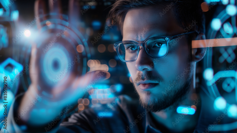 Poster cyber security expert ethical hacker working on cyber security using futuristic augmented reality te