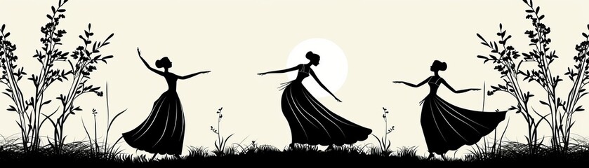 The image shows three dancing women in long dresses. The figures are black, and the background is white. The image is in a silhouette style.