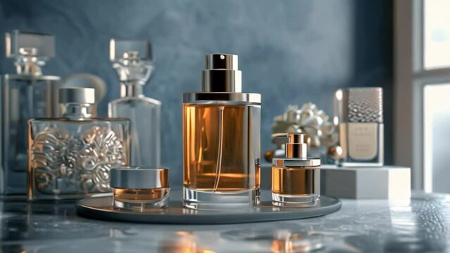 A group of perfume bottles, including a tall, clear bottle filled with golden liquid, sit on a silver tray against a blue background.