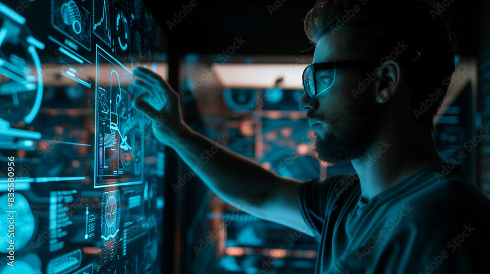 Poster cyber security expert ethical hacker working on cyber security using futuristic augmented reality te