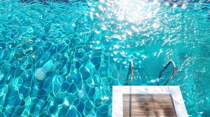 A panoramic shot of a refreshing swimming pool with gentle waves and a clear blue sky, providing a lively and spacious background for summer banners