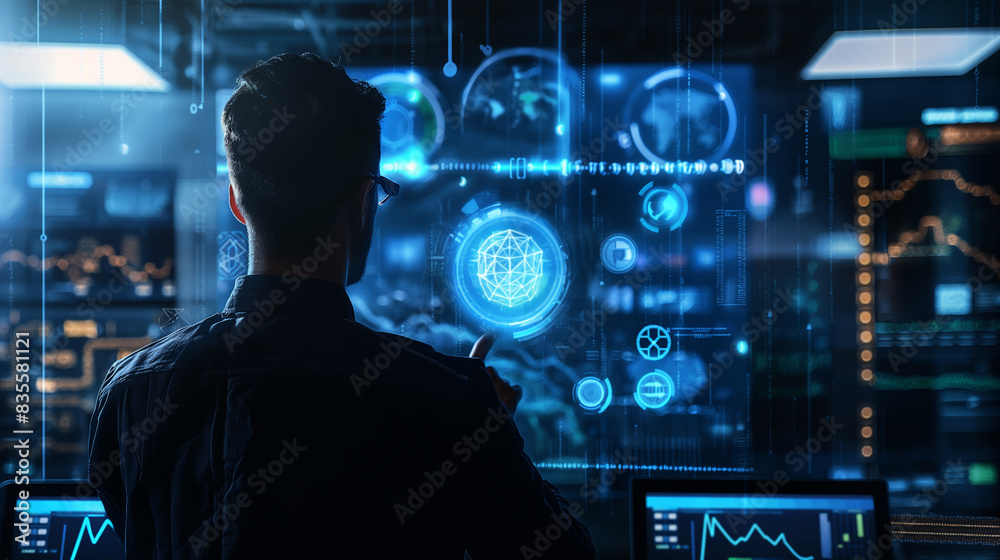 Poster cyber security expert ethical hacker working on cyber security using futuristic augmented reality te