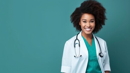 Young african american doctor woman over isolated background with a happy and cool smile on face. Lucky person, one Color background , copy space, generative ai