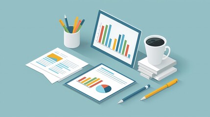 Illustrate a flat design of a modern office desk with a desk lamp, a notebook, and a plant