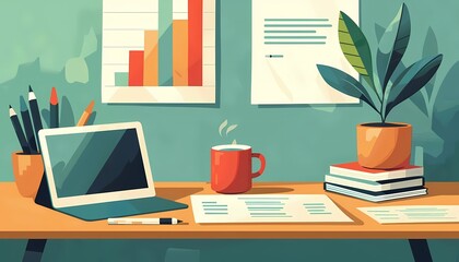 Fototapeta premium Illustrate a flat design of a modern office desk with a desk lamp, a notebook, and a plant
