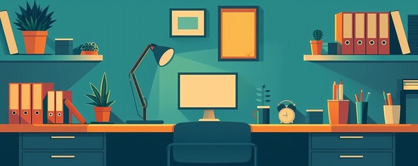 Create a flat design of a modern office desk with a sleek laptop, a notepad, and a pen