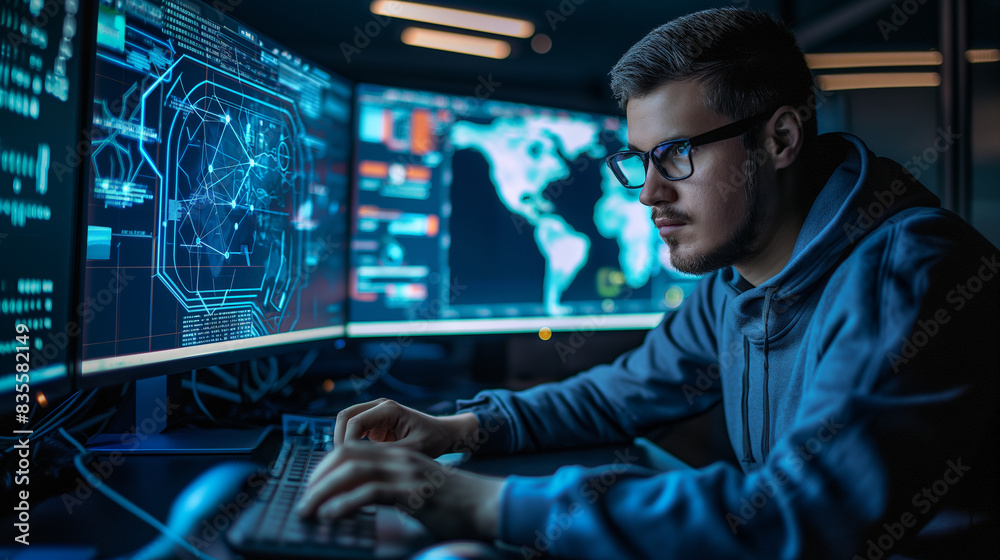 Poster cyber security expert ethical hacker working on cyber security using futuristic augmented reality te