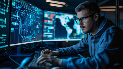 cyber security expert ethical hacker working on cyber security using futuristic augmented reality technology 