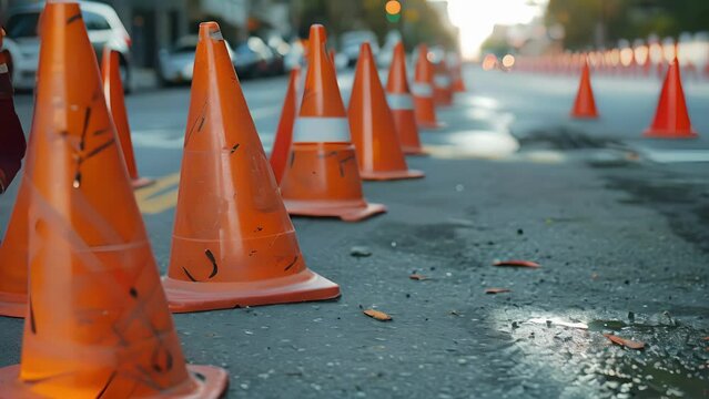 Orange traffic cones line the streets redirecting cars away from the construction site for the safety of workers.