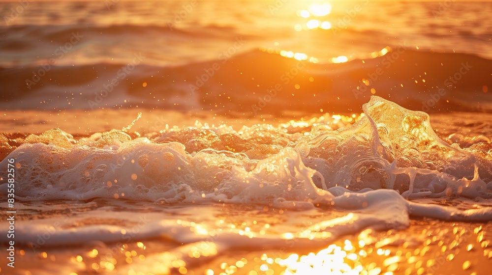 Wall mural Golden sunrise over ocean waves, bright sun rays hitting sea foam on sandy beach