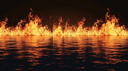 A wall of flames on the water surface, with a black background and orange flame color, in a high resolution, high quality, high detail, high definition style.