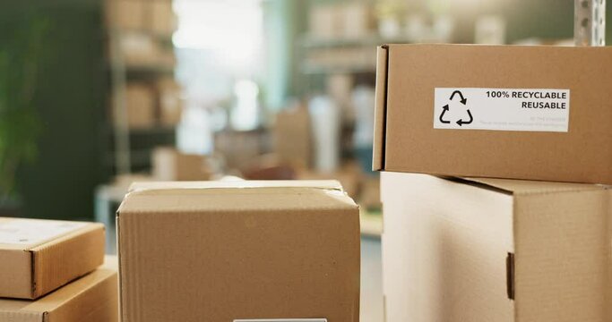 Cardboard, warehouse and box for ecommerce storage, transportation and mail order with eco friendly packaging. Parcel, stack and pile for delivery or shipping, logistics and distribution or dispatch.