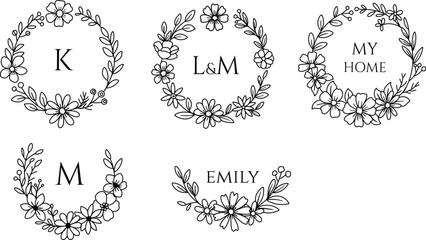 Vector illustration of hand drawn wreaths. Cute doodle floral wreath frame set