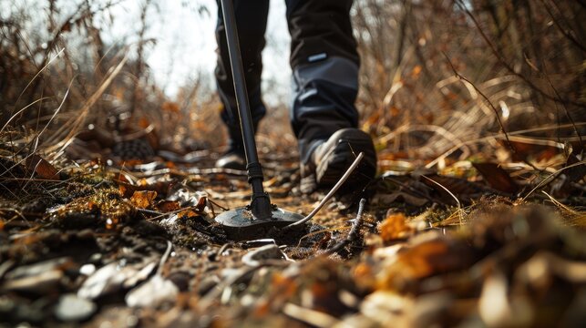 Metal detector exploration for ancient artifacts and treasure in natural settings Archaeological survey conducted by an individual with a metal detecting device Visual of a minesweeper in a