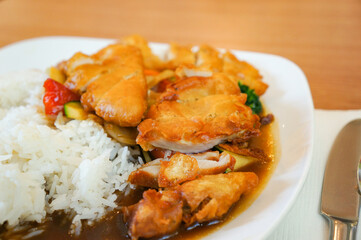 カリカリに揚げたチキンがのっているドイツのレストランで提供されたカレー