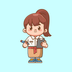 Cute girl waiter take note kawaii chibi character mascot illustration outline style design