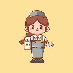 Cute girl waiter shows menu kawaii chibi character mascot illustration outline style design