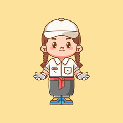 Cute girl waiter welcome customer kawaii chibi character mascot illustration outline style design