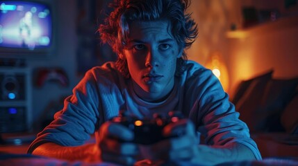 Fototapeta premium Indulge in the thrill of virtual adventures with stunning visuals of a gamer engrossed in playing video games in the darkness of night