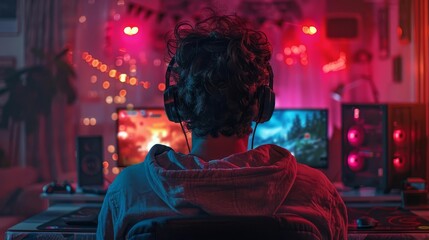 Obraz premium Indulge in the thrill of virtual adventures with stunning visuals of a gamer engrossed in playing video games in the darkness of night