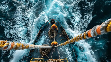 Witness the efficiency of maritime professionals as they collaborate to secure mooring lines with seamless precision, depicted in breathtaking imagery of crew coordination
