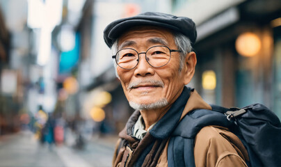 バックパックを背負って新しい街を訪れるシニア男性