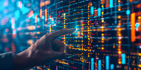 Mano de un hombre apuntando a una gr&aacute;fica en una pantalla holograf&iacute;a realista y tecnol&oacute;gica