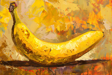 Frontal view of a banana, captured in detailed oil painting, with bold, expressive brushstrokes, showcasing its lush, sunlit yellow and intricate surface patterns