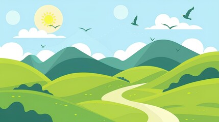 green hills and mountains with sun, clouds, birds in the sky, winding path on a light blue background, simple shapes, minimalist style, bright colors, cute cartoon design