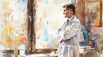 Side view of a compassionate doctor in a modest clinic, detailed watercolor painting, soft brushstrokes, natural light filtering through a window, evoking warmth and care
