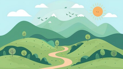 green hills and mountains with sun, clouds, birds in the sky, winding path on a light blue background, simple shapes, minimalist style, bright colors, cute cartoon design